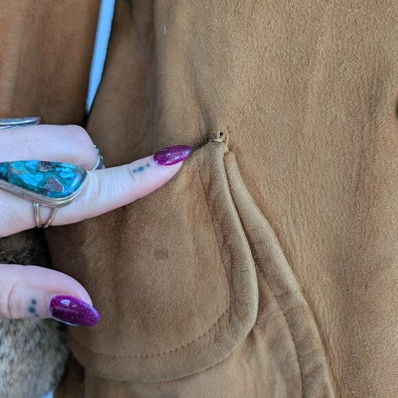 Vintage Brown Suede Fur Trim Penny Lane Jacket Furry Leather Trench Coat Medium - Picture 12 of 16